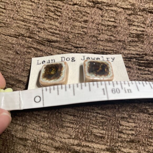 Handmade Ceramic & Glass Earrings Stud Post plug Brown white Square Cube - Picture 4 of 4